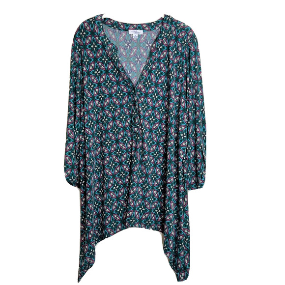 Great Northwest Indigo Tops - Great Northwest Indigo Womens Tunic 1X Green Multicolor Abstract Print V-Neck
